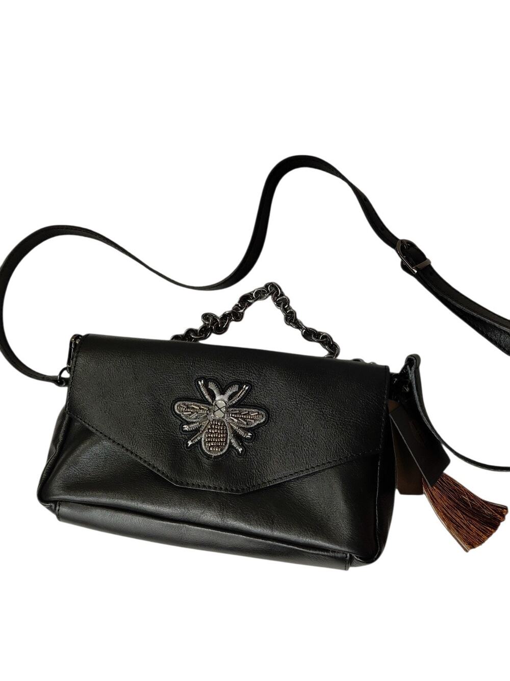 NWT House of Harlow 1960 Gen Leather Crossbody Handbag Black Italy Bee Accent